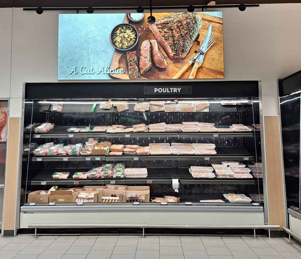 aldi signage, meat aisle