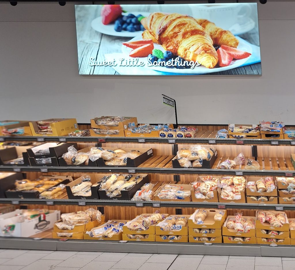 aldi signage, bread and cookies